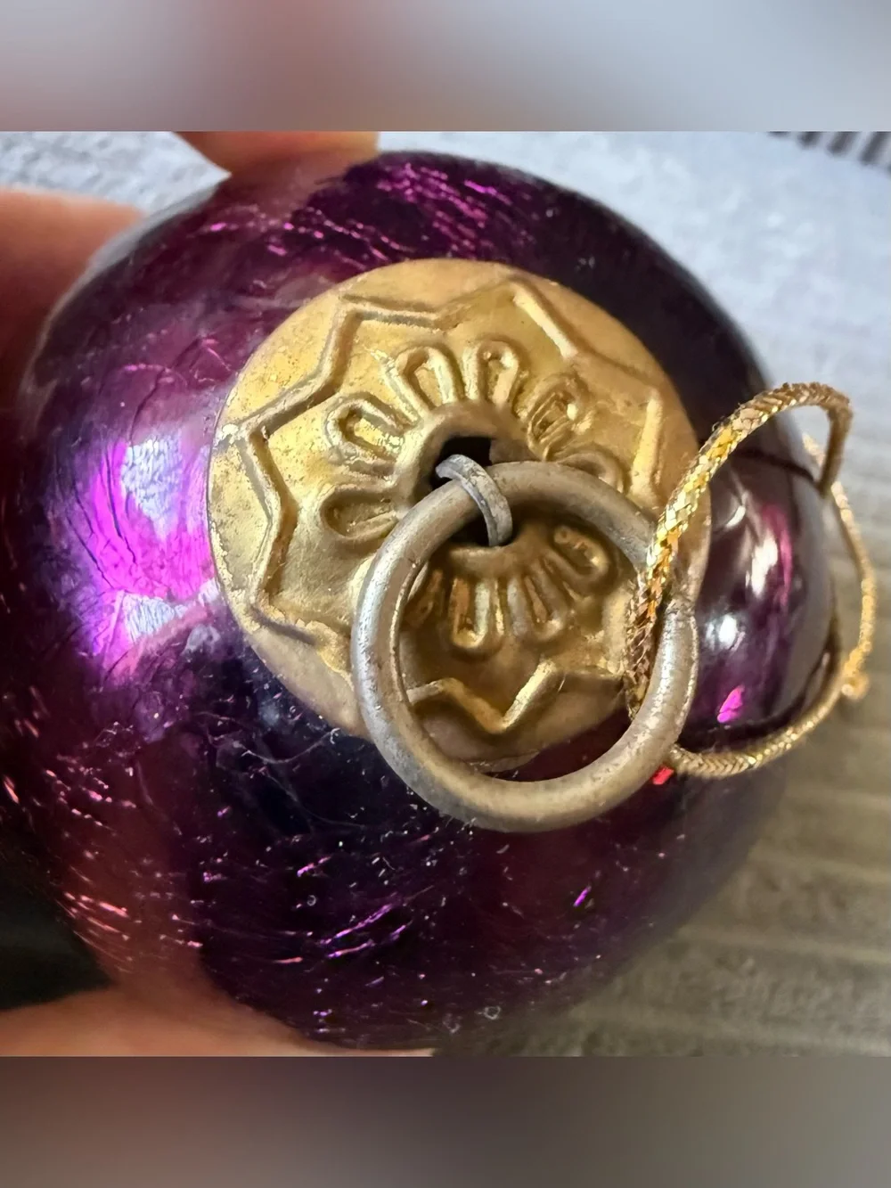 Vintage Purple Crackle Glass Holiday Ornament with Gold Cap Kugel Style